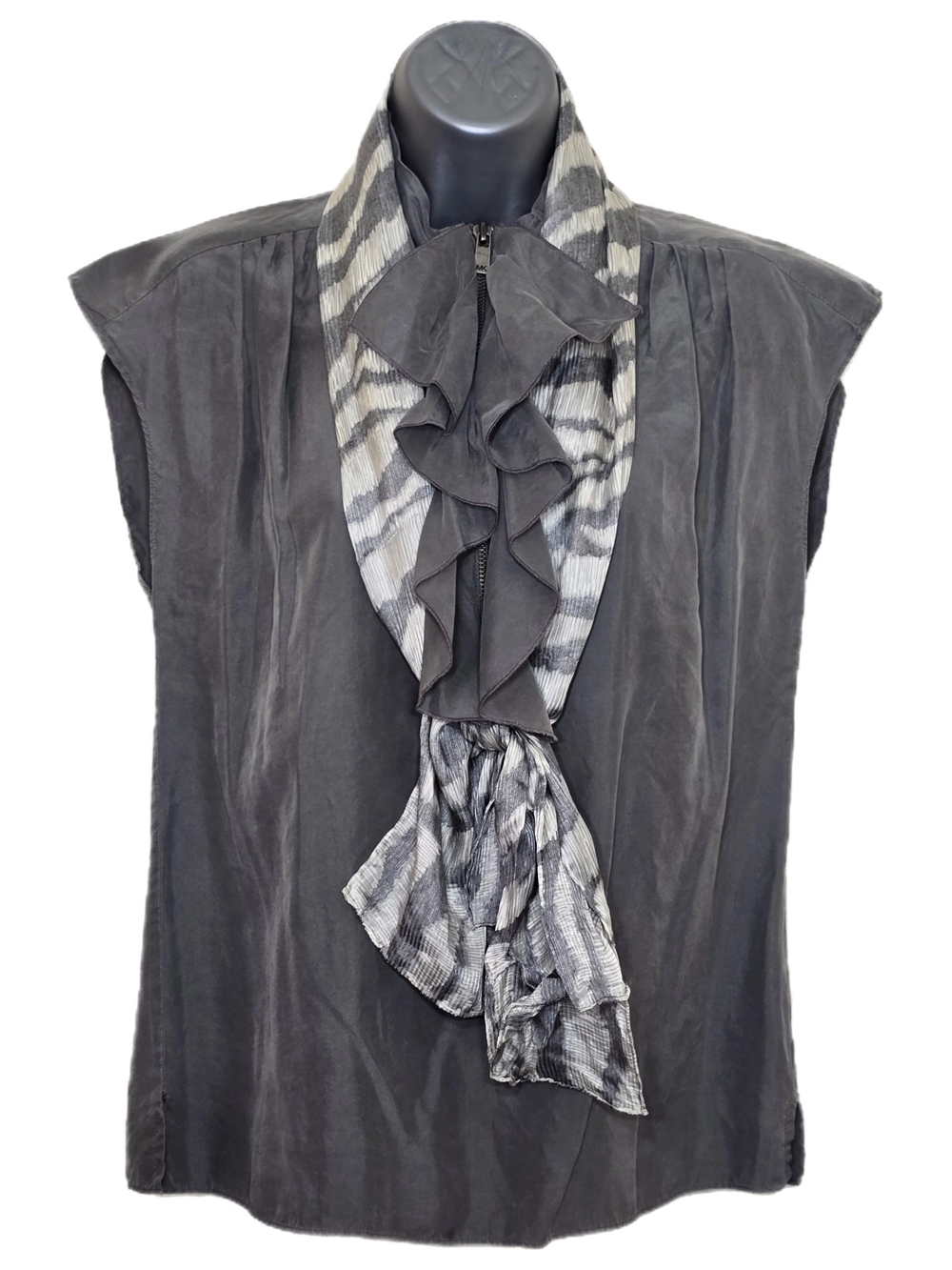Michael Michael Kors Silk Blend Ruffle Zip Blouse Size M Gray With Silk Scarf